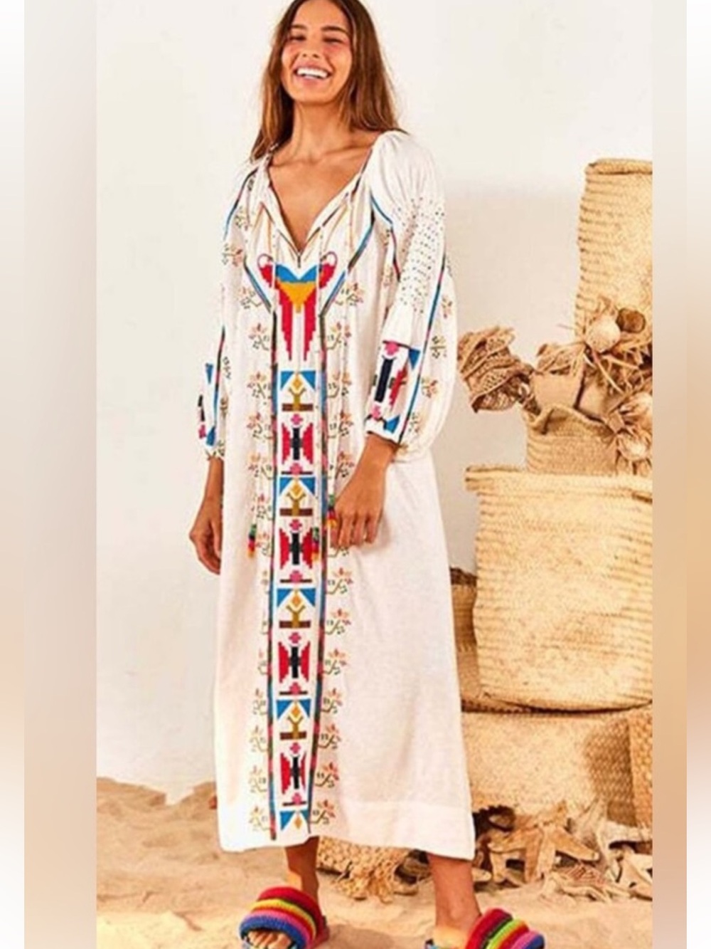 Farm Rio Macaw Tassel-Tie Embroidered maxi dress EUC medium